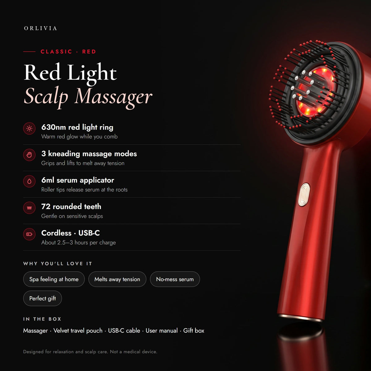 Orlivia Classic Red scalp massager: 630nm red light, 3 kneading modes, 6ml serum applicator, 72 rounded teeth, cordless USB-C