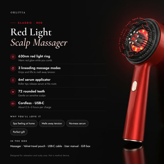Orlivia Classic Red scalp massager: 630nm red light, 3 kneading modes, 6ml serum applicator, 72 rounded teeth, cordless USB-C