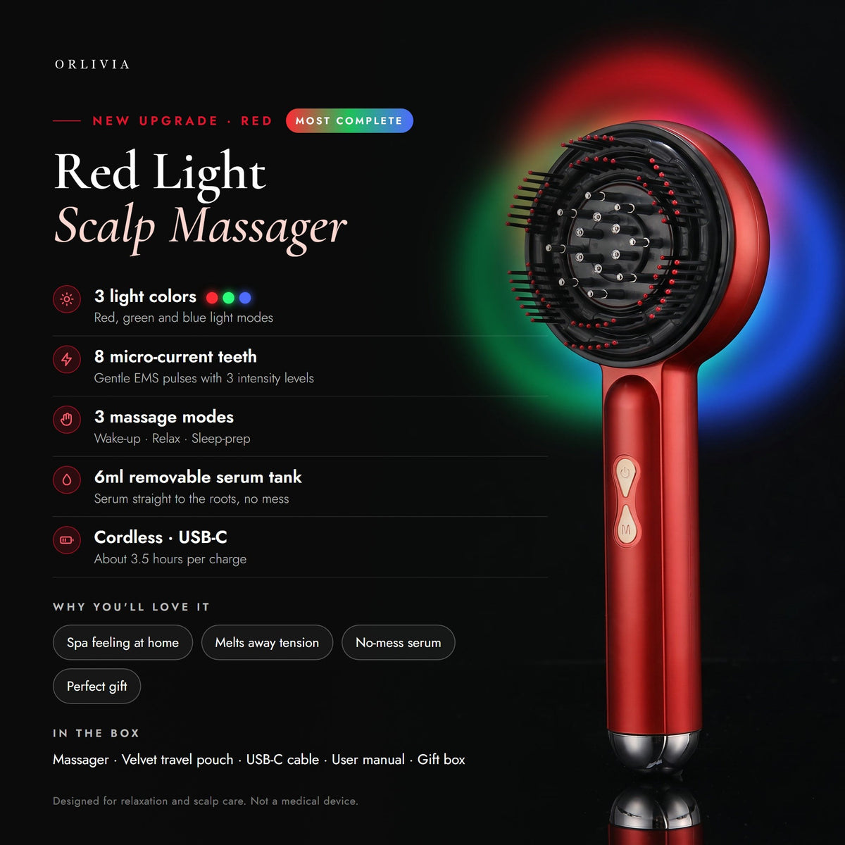 Orlivia New Upgrade scalp massager: red, green and blue light, 8 micro-current teeth with 3 levels, 3 massage modes, 6ml removable serum tank